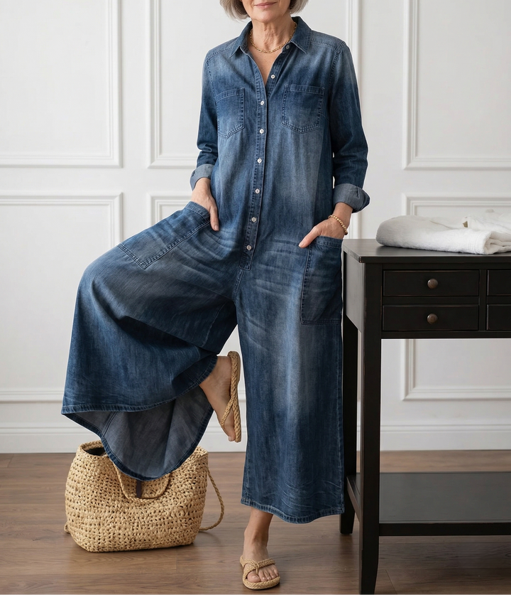 Diana | Vintage Cotton Denim Dungarees with Button Fastening