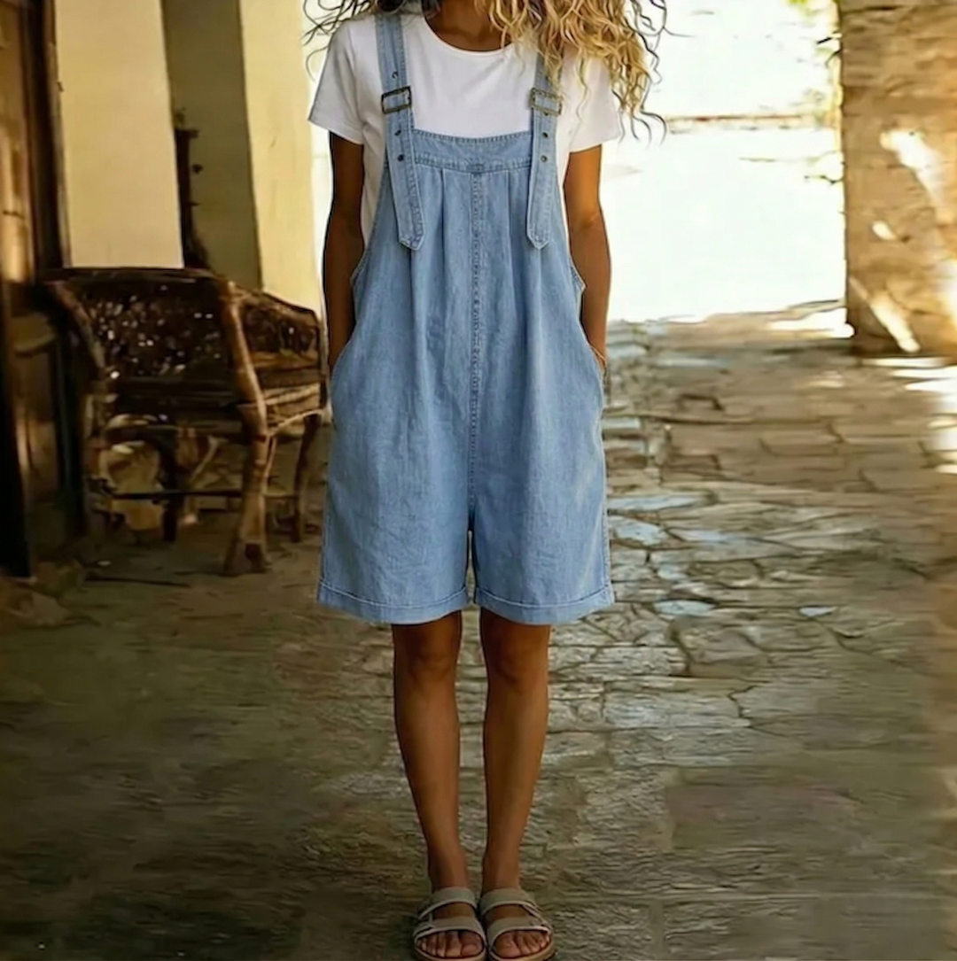 Clara | Short denim dungarees in light blue with a vintage washed finish