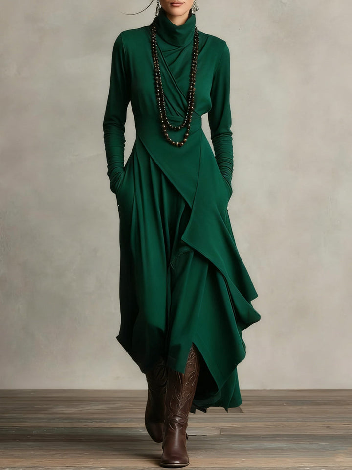 Lonnie | Elegant High-Neck Asymmetrical Draped Maxi Dress