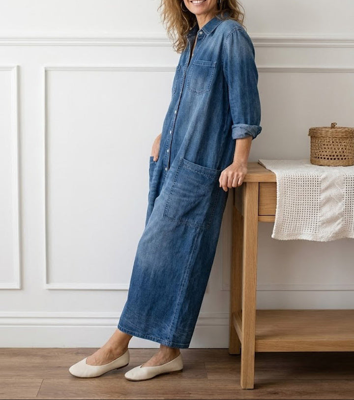 Diana | Vintage Cotton Denim Dungarees with Button Fastening
