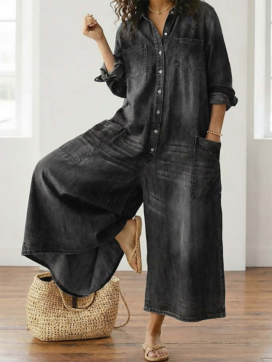 Diana | Vintage Cotton Denim Dungarees with Button Fastening