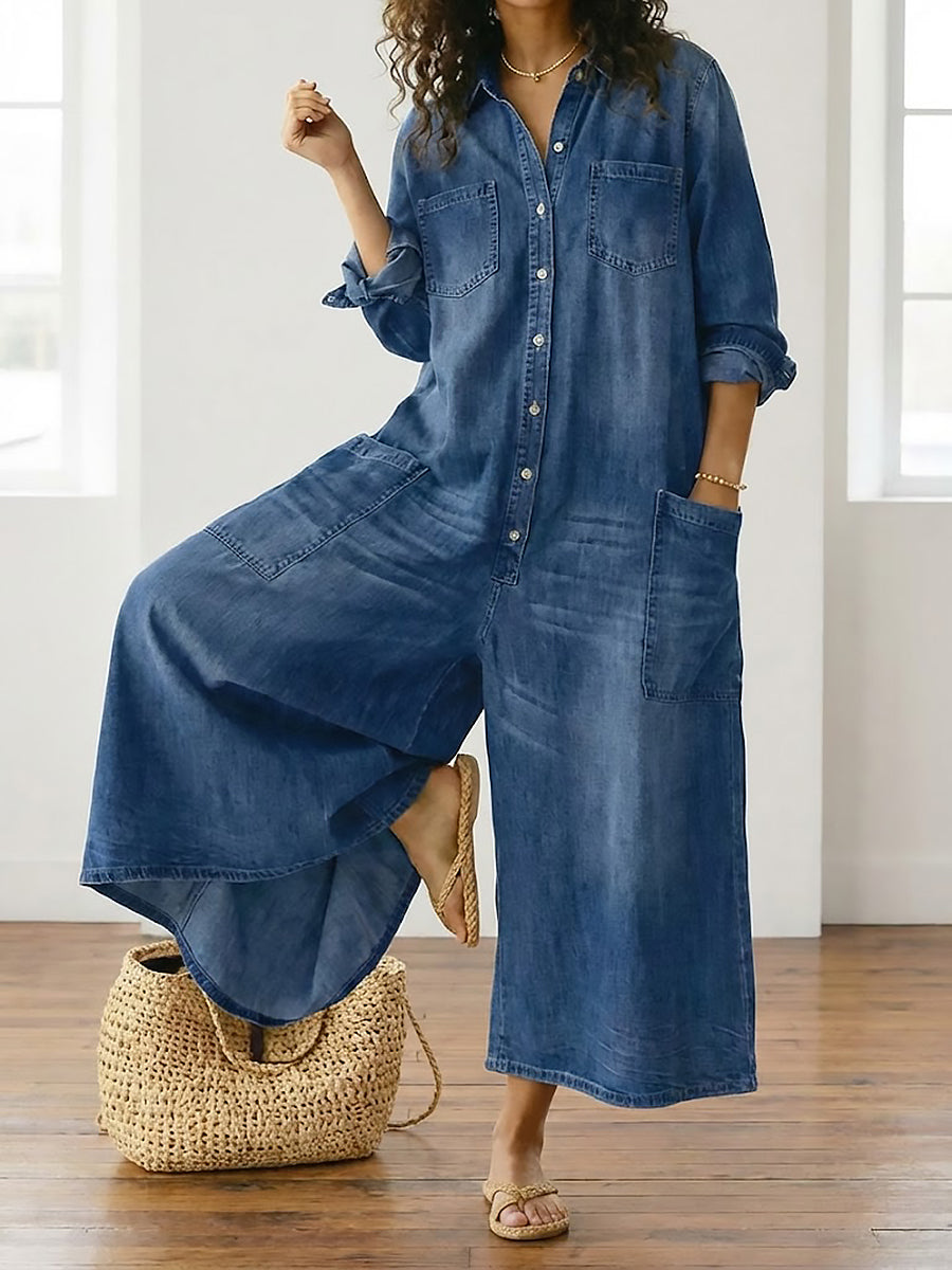 Diana | Vintage Cotton Denim Dungarees with Button Fastening