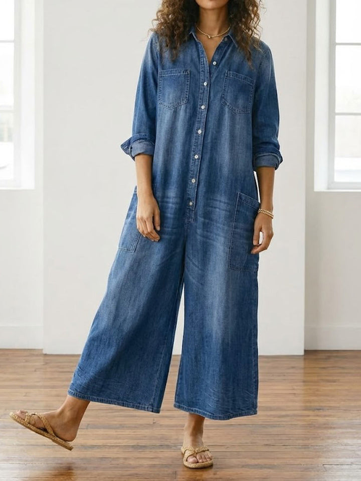 Diana | Vintage Cotton Denim Dungarees with Button Fastening