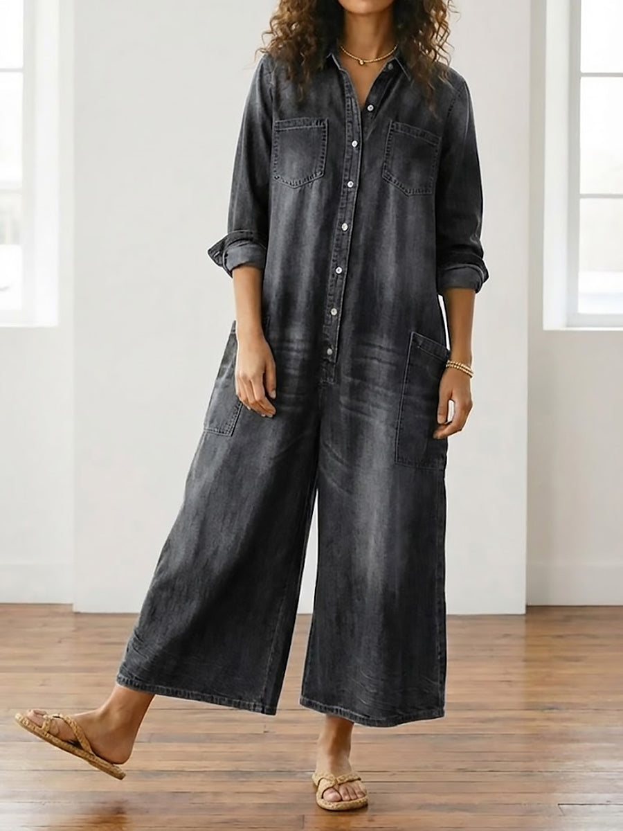 Diana | Vintage Cotton Denim Dungarees with Button Fastening