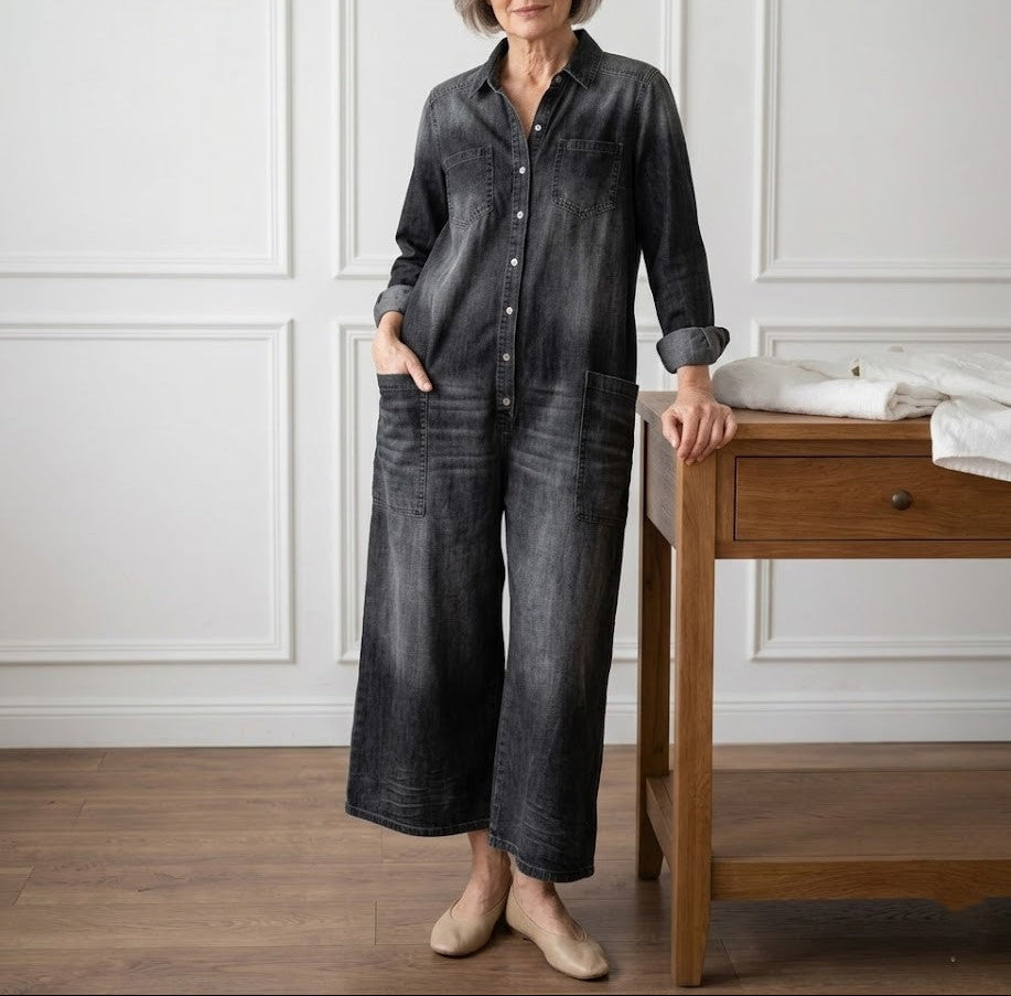 Diana | Vintage Cotton Denim Dungarees with Button Fastening