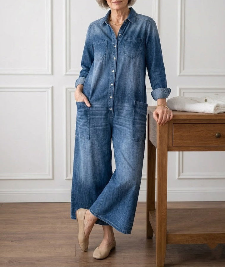 Diana | Vintage Cotton Denim Dungarees with Button Fastening